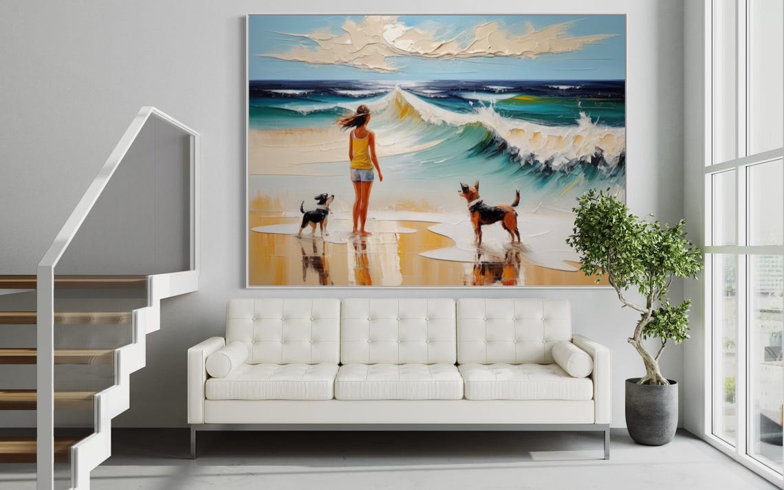 Girl with Two Dogs Watching Ocean Waves Beach Scene Art Poster - Image 4