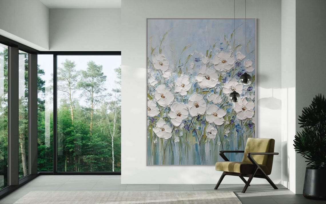 White Wildflowers in Blue Spring Meadow Floral Texture Poster - Image 3