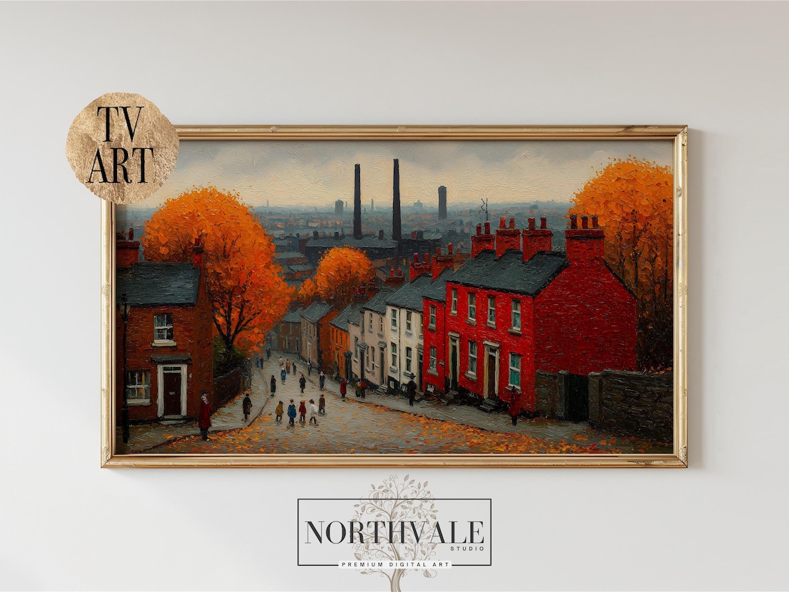 Autumn Village Painting, Rustic Northern Landscape