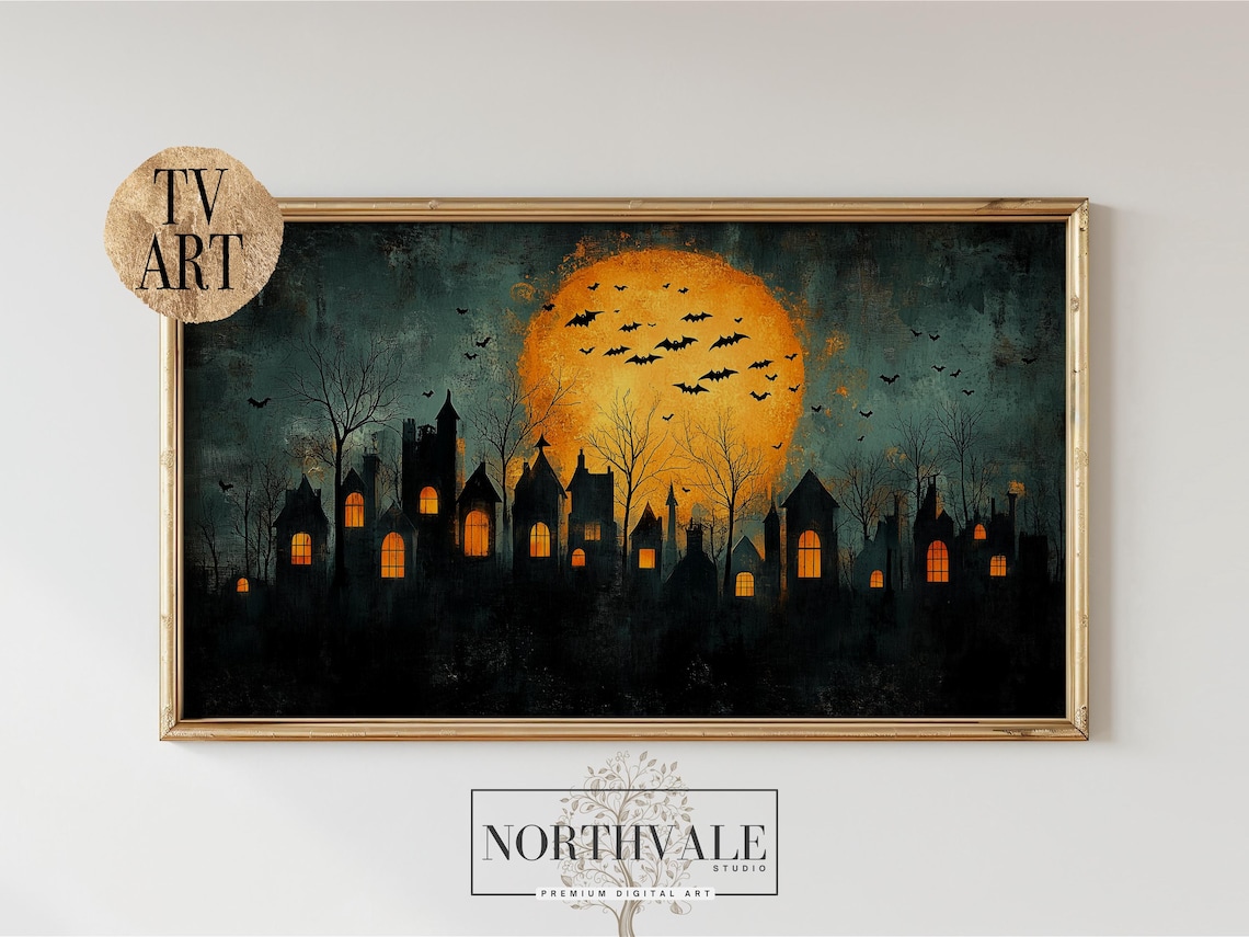 Spooky Halloween Haunted Houses, Moonlit Night Scene