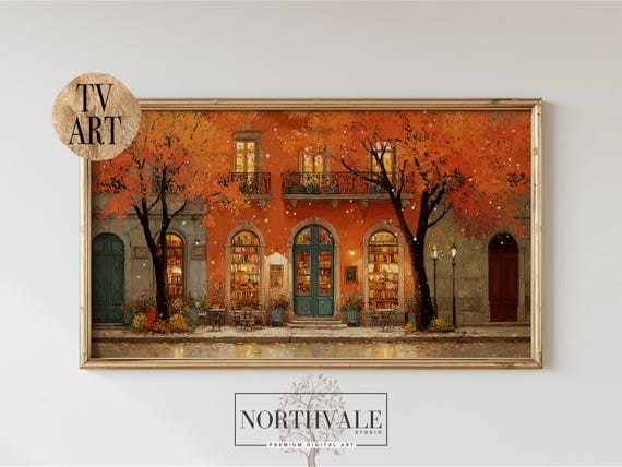 Vintage Cosy Autumn Cafe Art Print, Rustic Street Scene