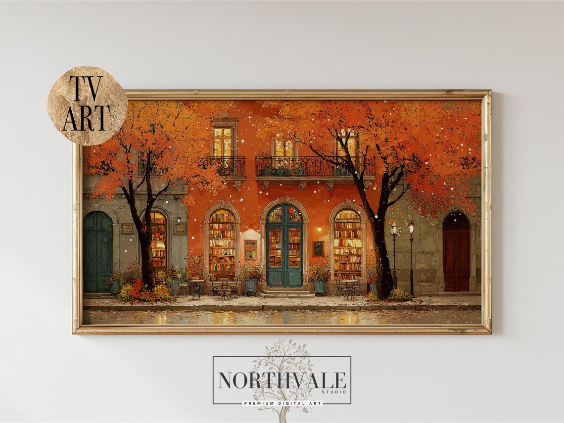 Vintage Cosy Autumn Cafe Art Print, Rustic Street Scene