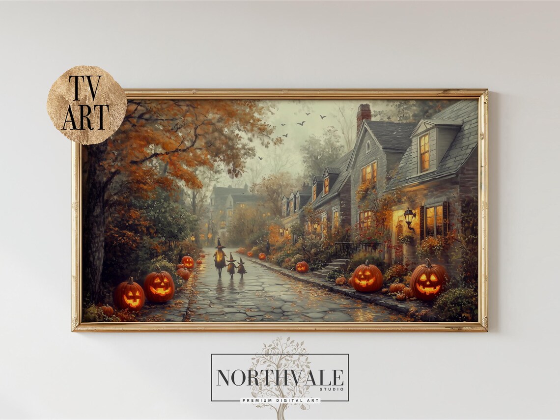Vintage Autumn Halloween Art Pumpkin Decor For Frame Tv Rustic Scene Cottage Style Narrow Path 25