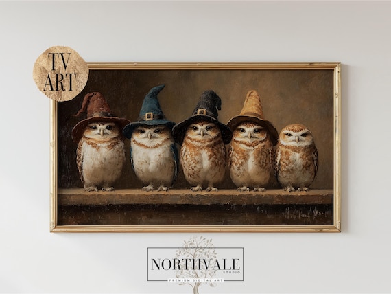 Vintage Owl Art Frame Tv Cute Owls With Witch Hats Halloween Decor Rustic Fall Wall For 87
