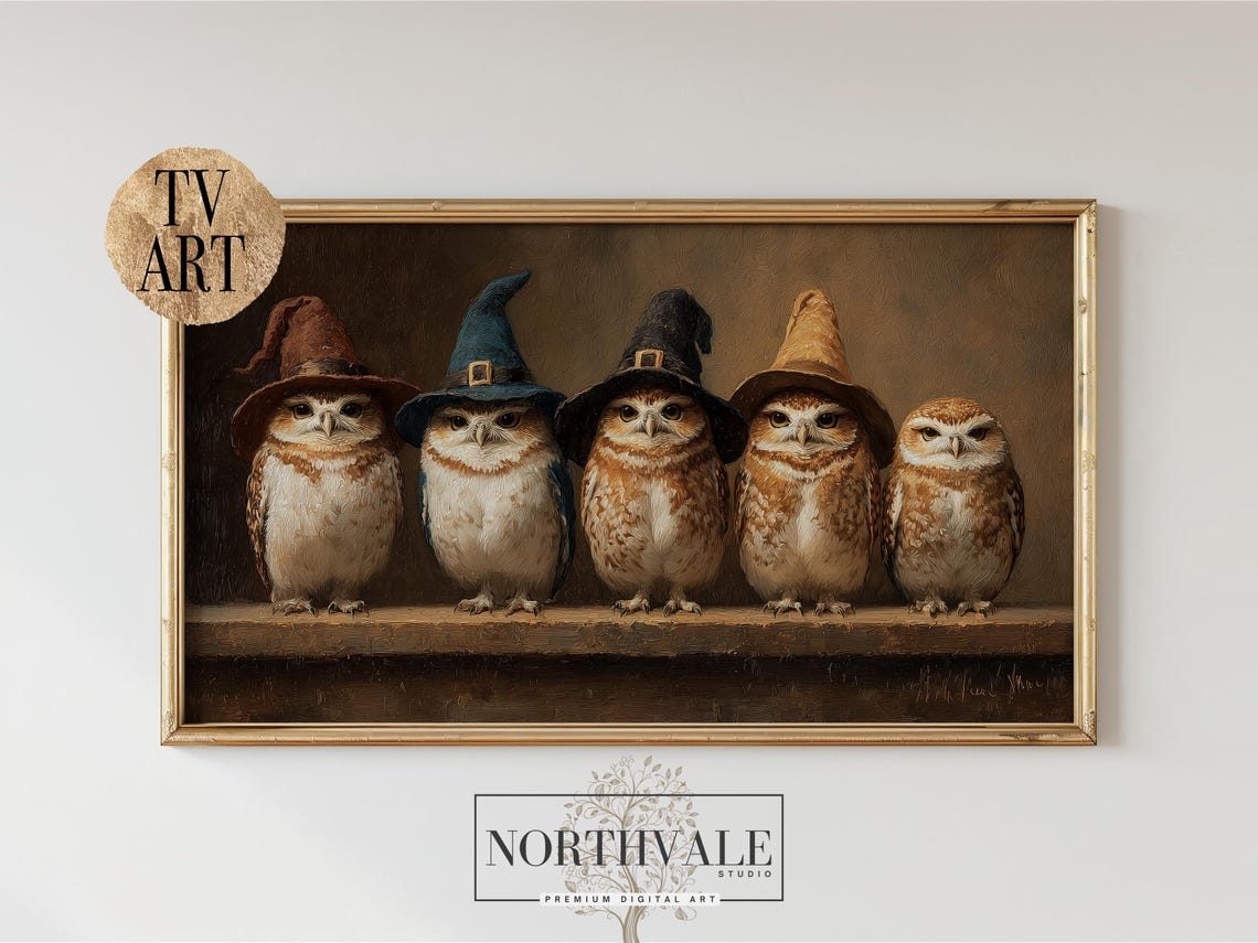 Five Cute Owls in Witch Hats Row Halloween Shelf Painting Poster