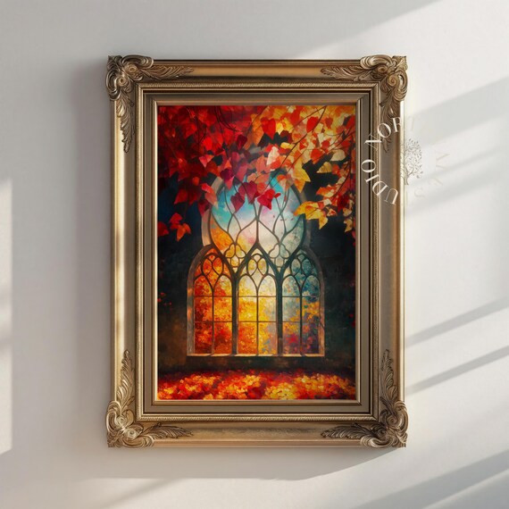 Vintage Cathedral Window Oil Painting Inspired By Monet Autumn Foliage Rustic Wall Art Gothic Arch Decor Warm Colors 75