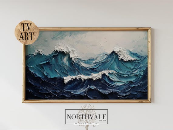 Abstract Seascape Frame Tv Art Impasto Ocean Waves Painting Heavy Brush Strokes Coastal Wall Decor 15