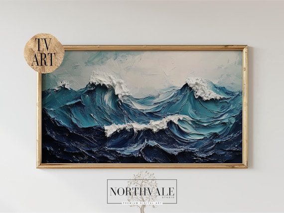 Heavy Impasto Ocean Waves Painting Deep Blue Brush Stroke Sea Art Poster