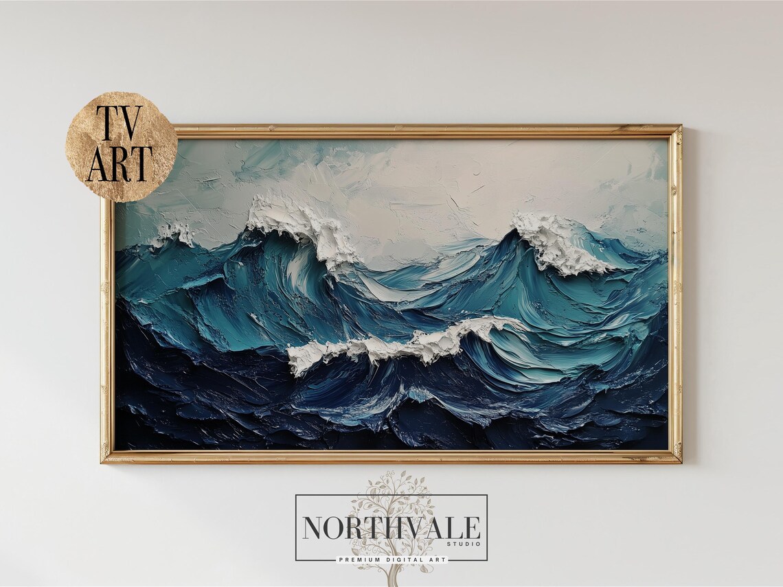 Heavy Impasto Ocean Waves Painting Deep Blue Brush Stroke Sea Art Poster