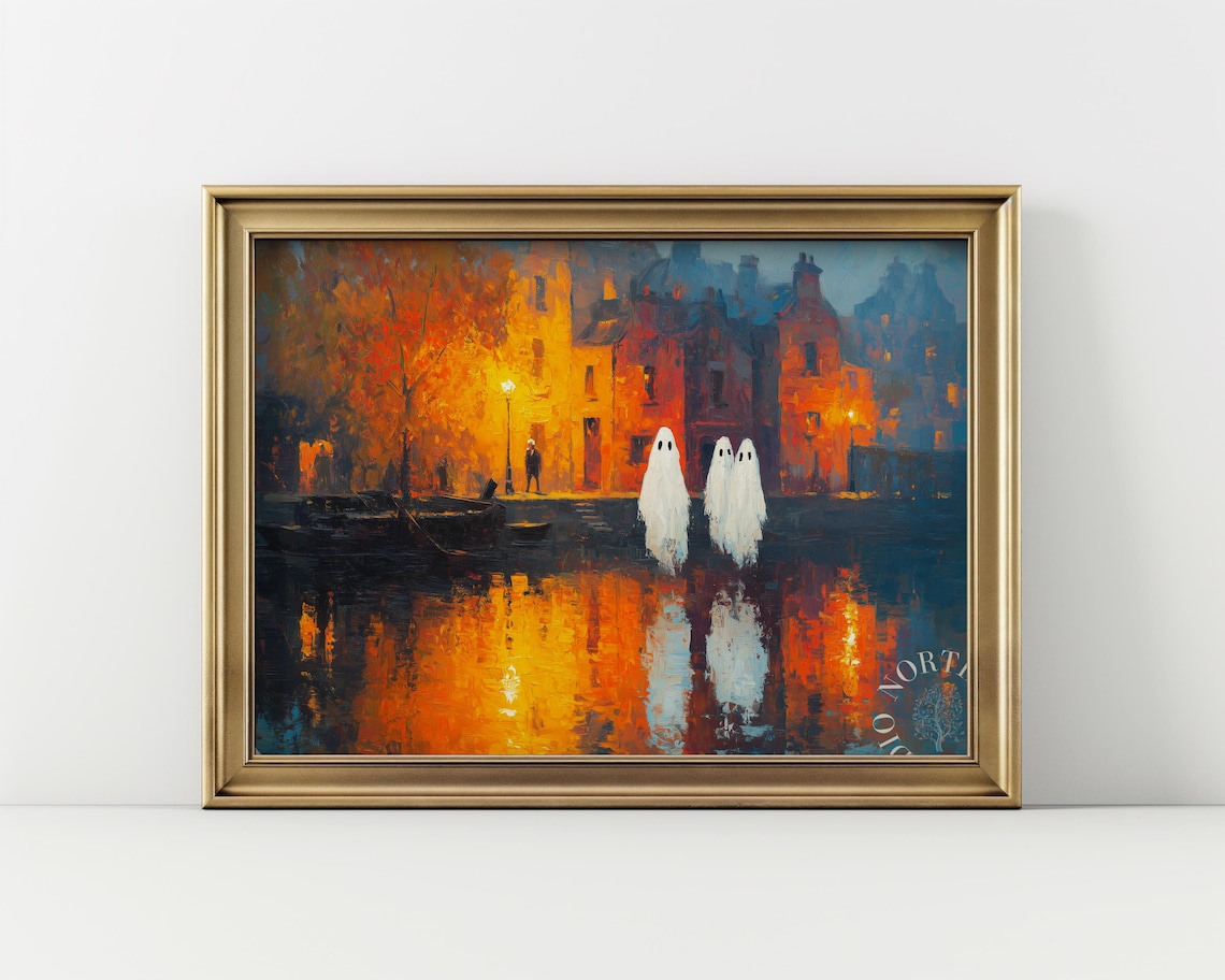 Vintage Ghostly Nightscape, Spooky Autumn Scene Art Print