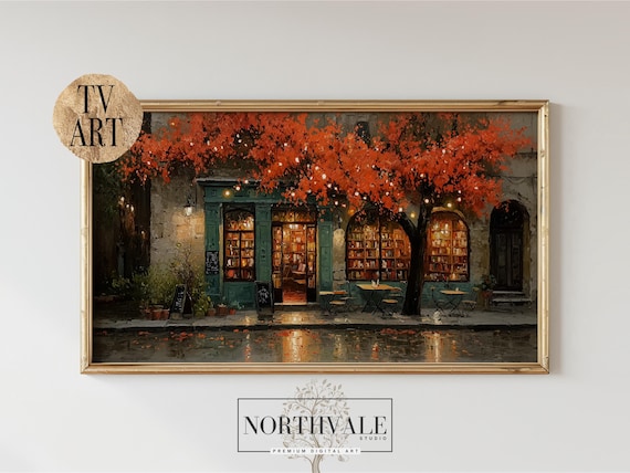 Cozy Bookstore Cafe Facade in Autumn Evening Glow Art Poster