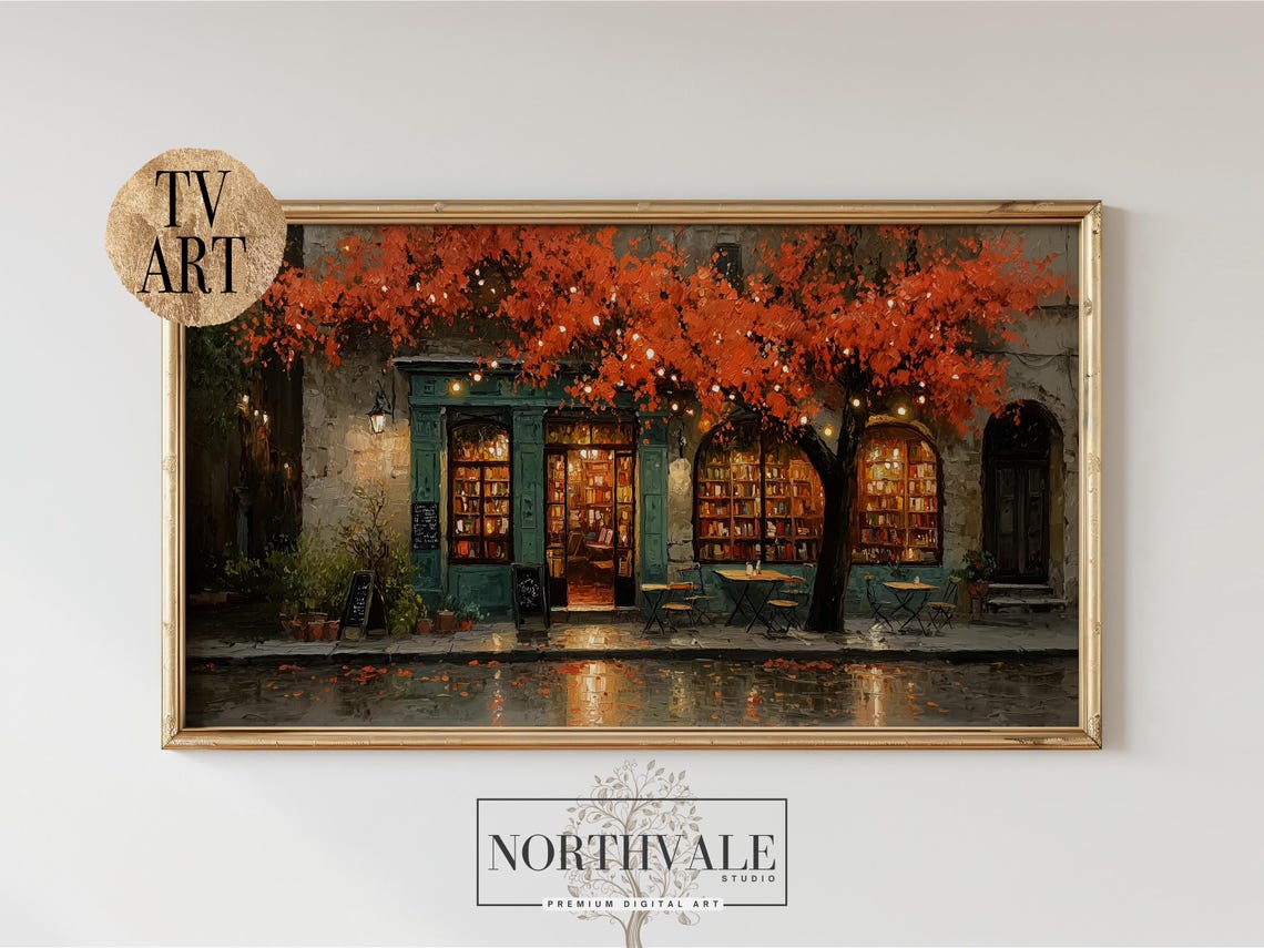 Cozy Bookstore Cafe Facade in Autumn Evening Glow Art Poster