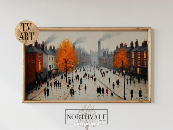 Autumn Town Square Scene Frame Tv Art Bustling Street Painting Vintage Urban Wall Samsung Decor 37
