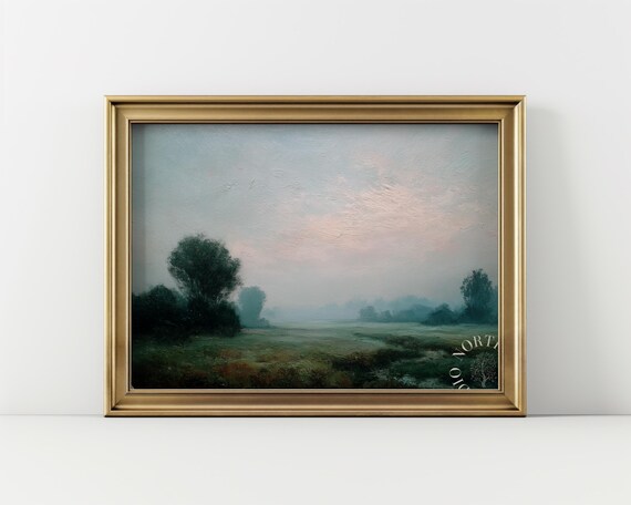 Misty Green Meadow Fog Trees Serene Landscape Oil Painting Poster
