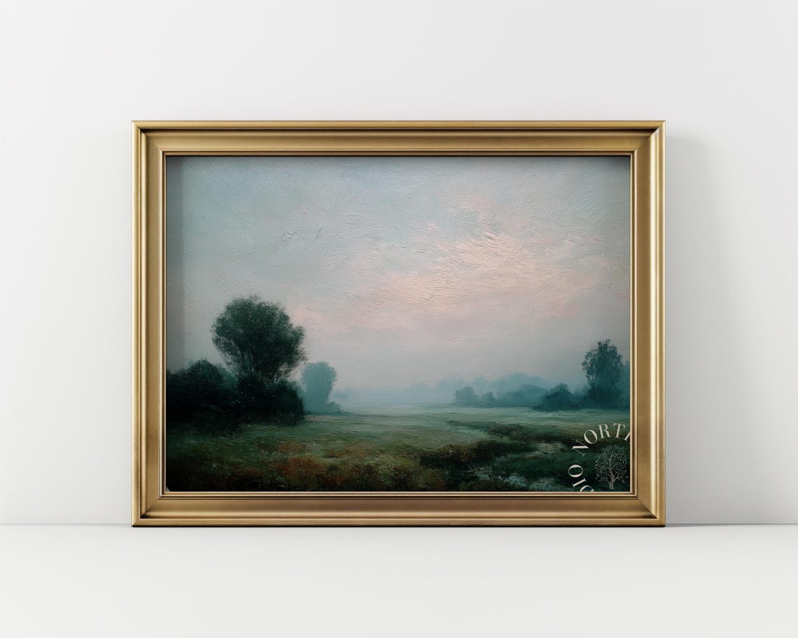 Misty Green Meadow Fog Trees Serene Landscape Oil Painting Poster