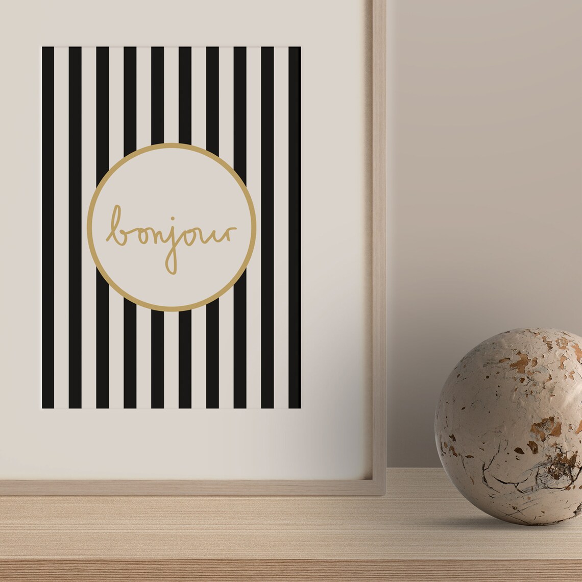 Bonjour Typography Quote Art Print, Black White Stripes - Image 3