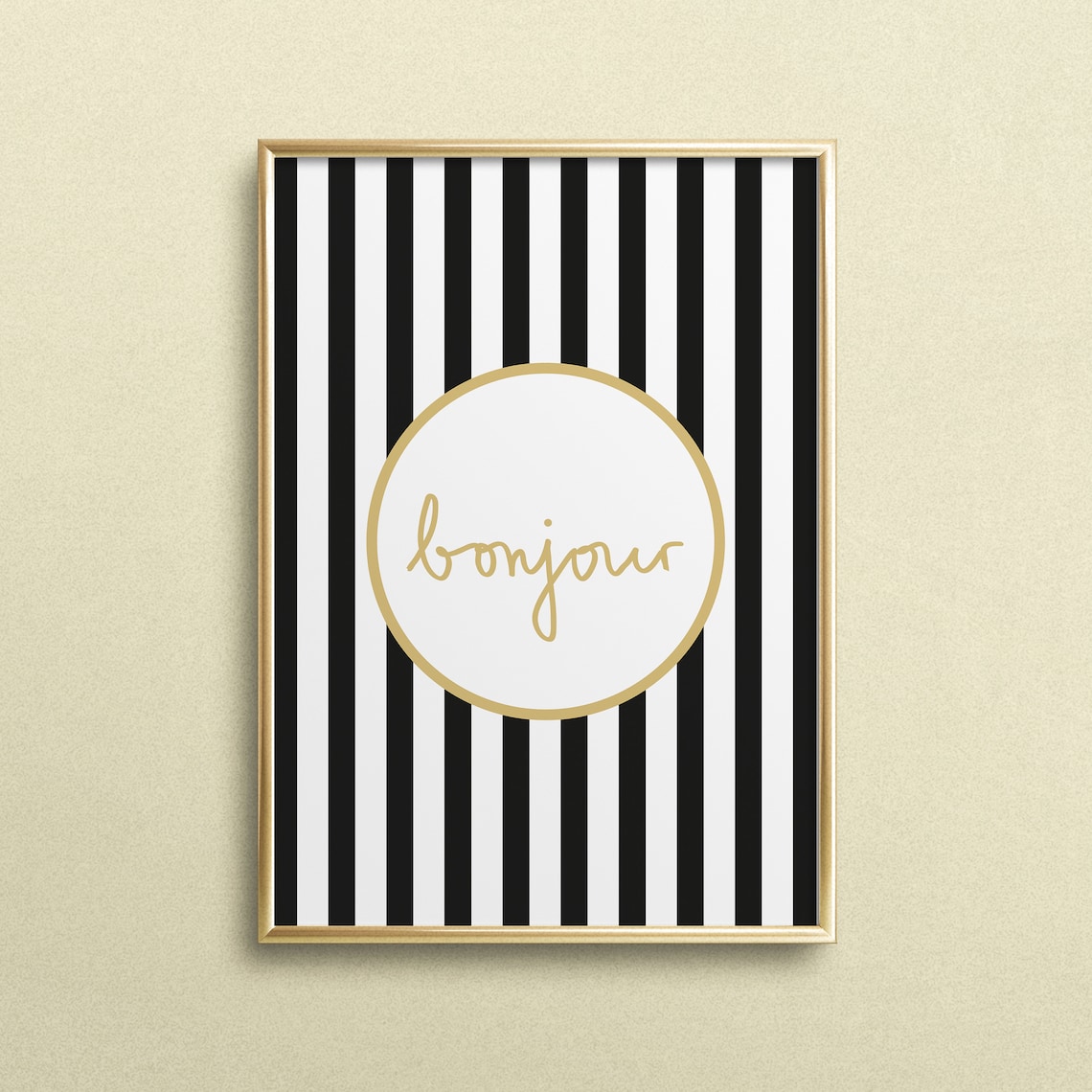 Bonjour Typography Quote Art Print, Black White Stripes