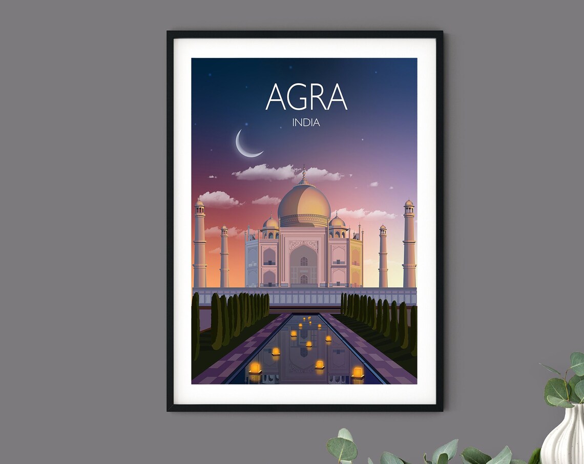 Agra India Taj Mahal Sunset Dusk Moon Lanterns Glow Art Poster - Image 3