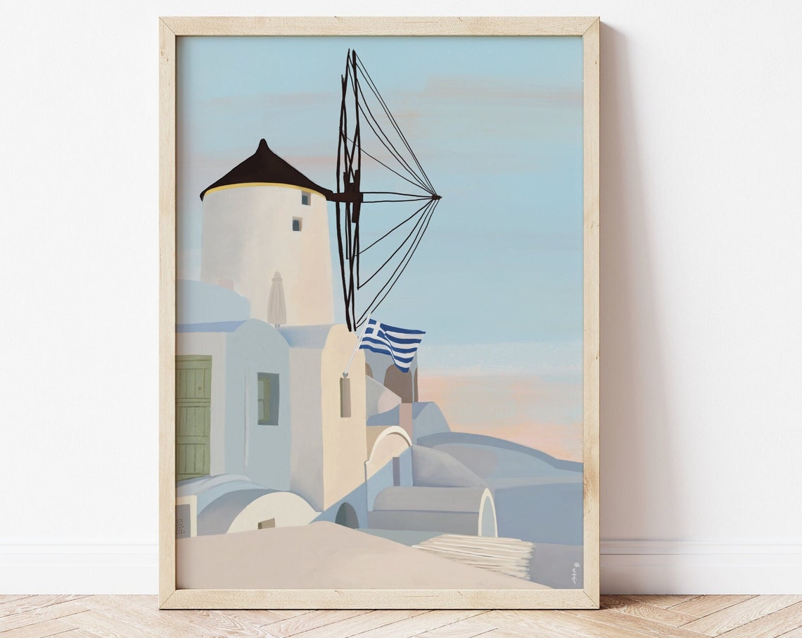 Greek Island Windmill Whitewashed Village Flag Dawn Sky Poster