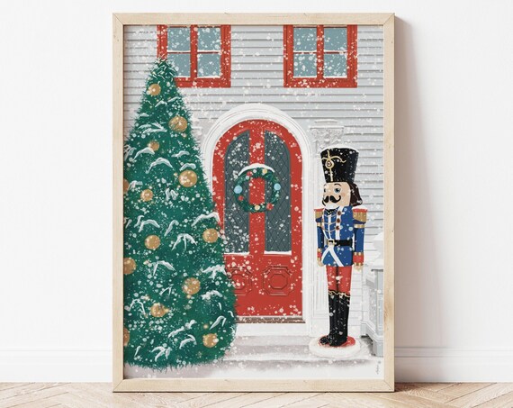 Christmas Nutcracker Soldier Red Door Wreath Snowy Holiday Poster