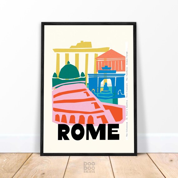 Rome Italy Famous Landmarks Colosseum Colorful Travel Poster