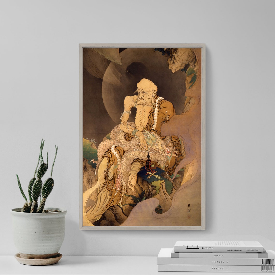 Fukuryu Rakan Elderly Arhat With Dragon Antique Japanese Ink Poster