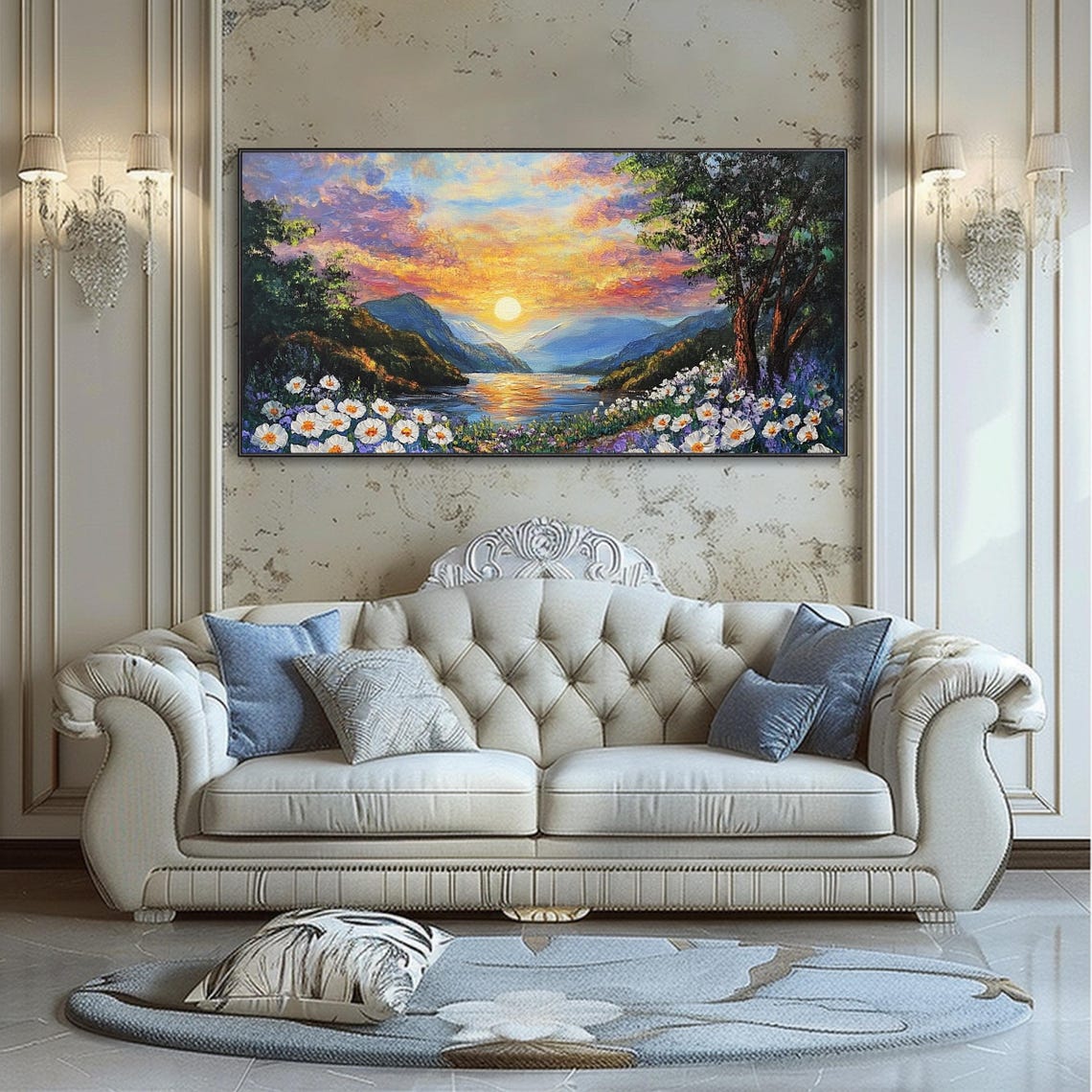 Sunset Mountain Lake Daisy Wildflowers Impasto Oil Painting Wall Art - Image 5