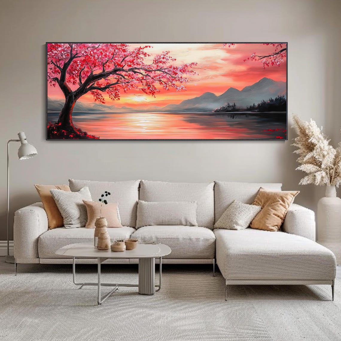 Pink Blossom Tree Lake Sunset Mountain Landscape Panoramic Wall Art - Image 5