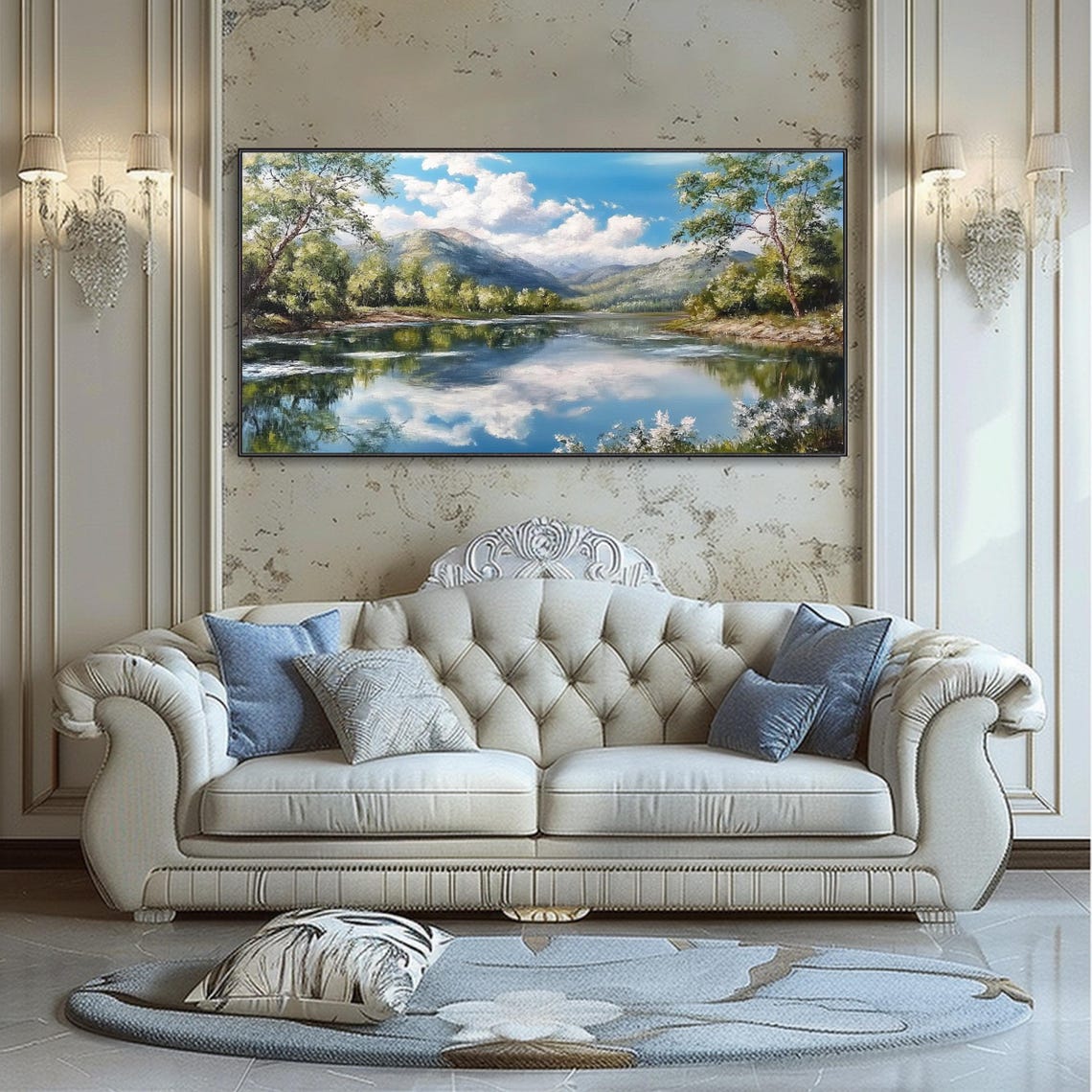 Mirror Lake Blue Sky Clouds Mountain Reflection Oil Painting Wall Art - Image 5