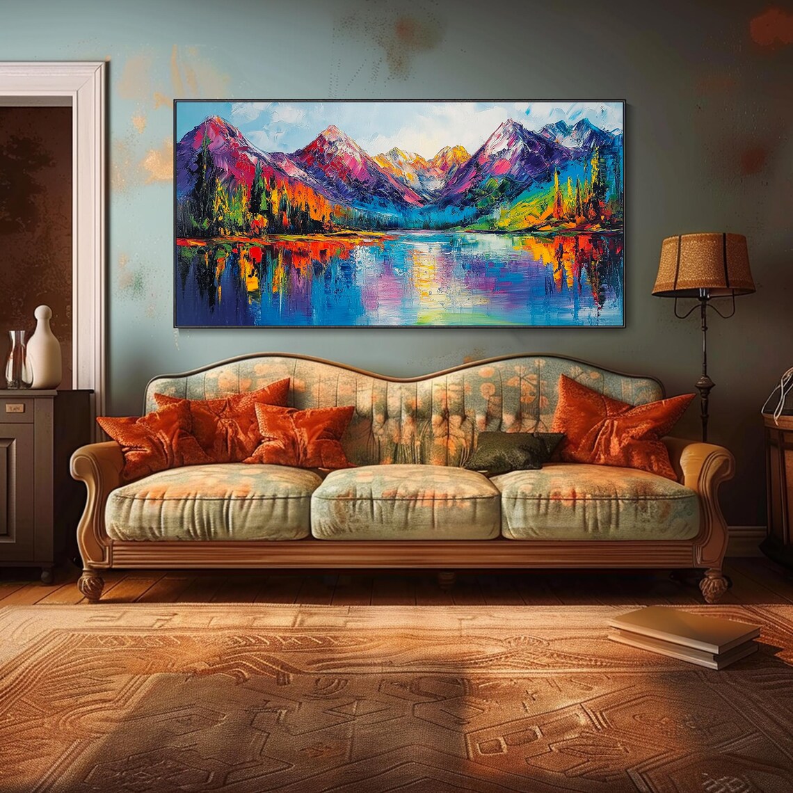 Colorful Mountain Peaks Lake Reflection Vibrant Landscape Wall Art - Image 4