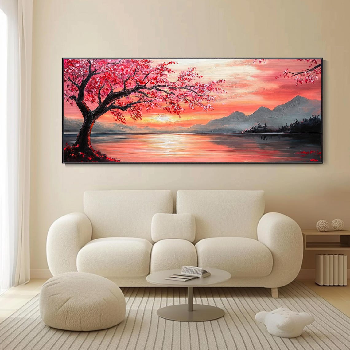 Pink Blossom Tree Lake Sunset Mountain Landscape Panoramic Wall Art