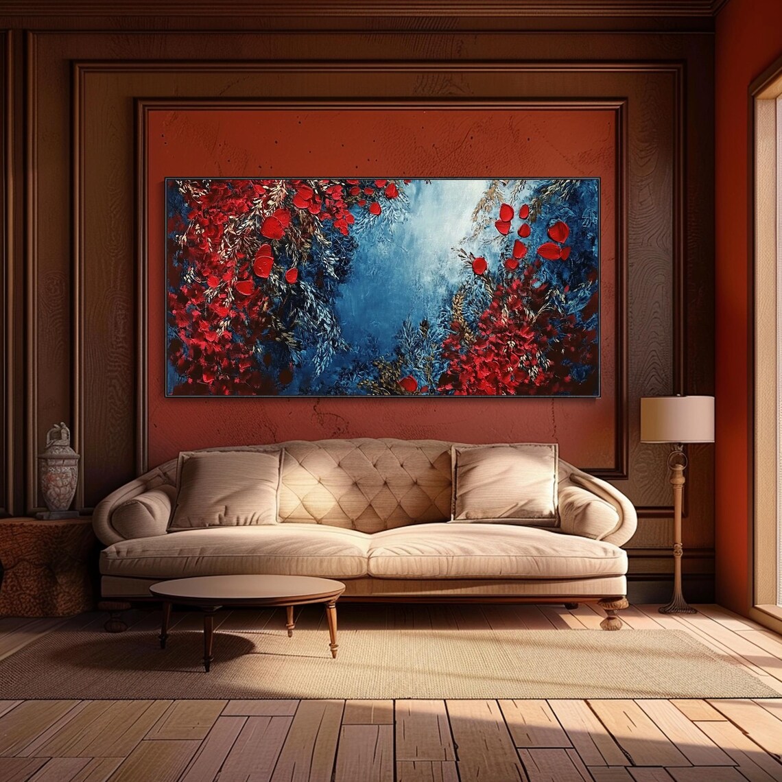 Red Rose Petals Deep Blue Abstract Romantic Oil Painting Wall Art - Image 5