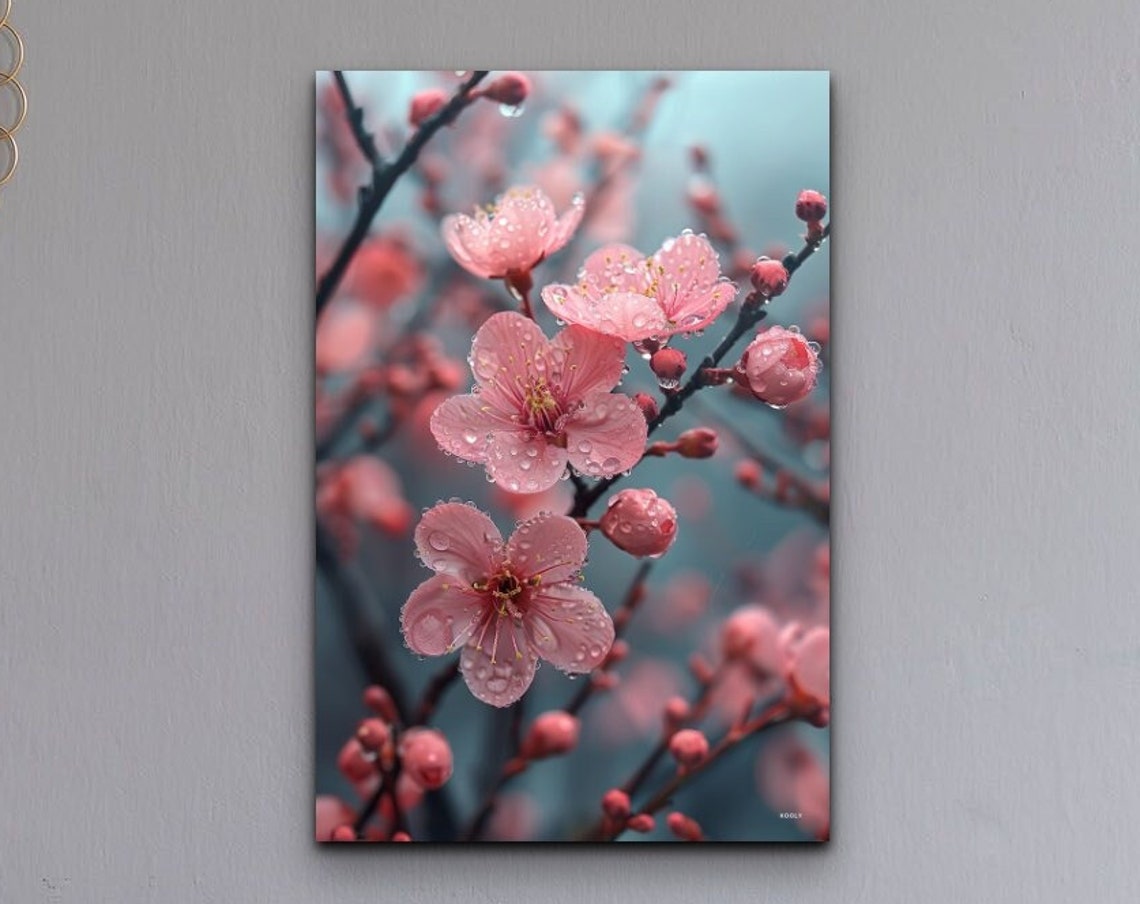Pink Cherry Blossoms Raindrops Close-Up Spring Floral Wall Art