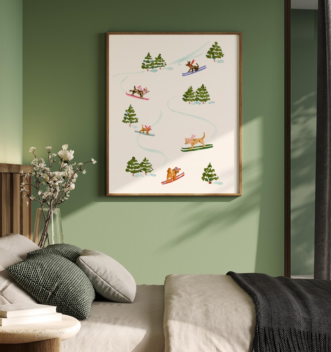 Skiing Dogs Cute Winter Art Print, Boho Christmas - Image 3