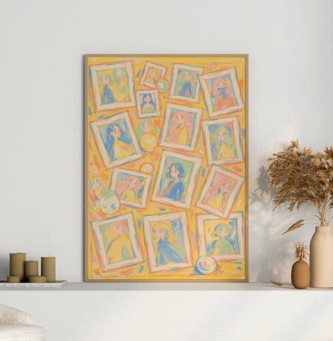 Anime Girl Portrait Frames Collage Yellow Background Art Wall Poster
