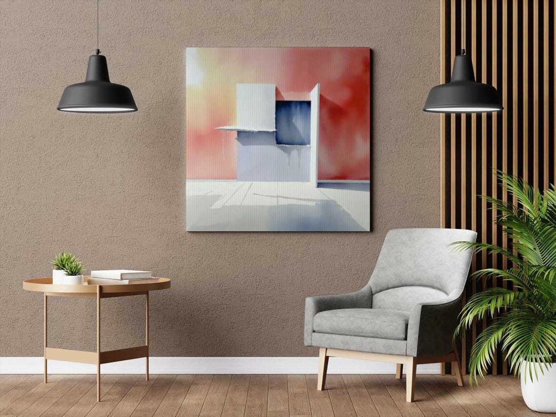 Blue Cube Doorway Coral Gradient Abstract Modern Watercolor Art Poster
