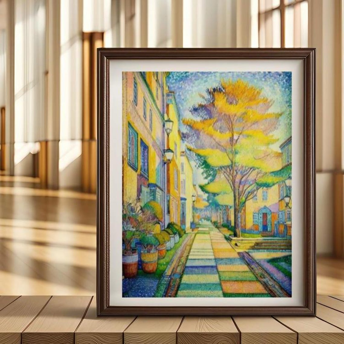Golden Autumn Tree Lined Street Pointillist Cityscape Poster