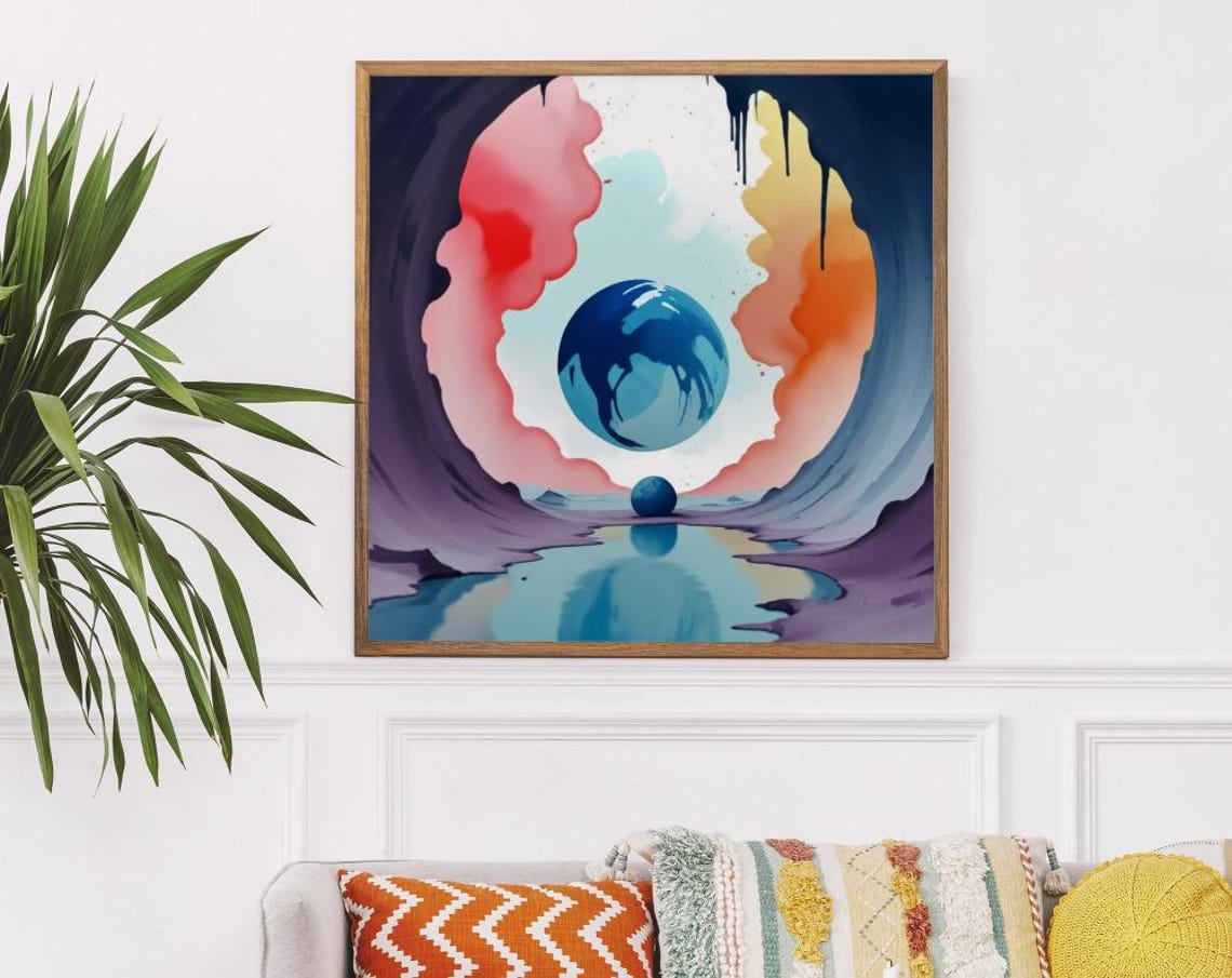 Blue Planet In Canyon Of Pink Orange Clouds Surreal Cosmic Poster