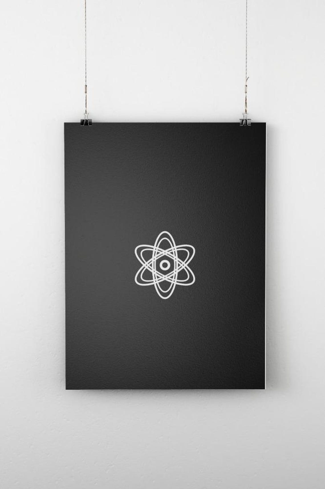 Atom Orbits White Line Art on Black Minimalist Science Decor Poster