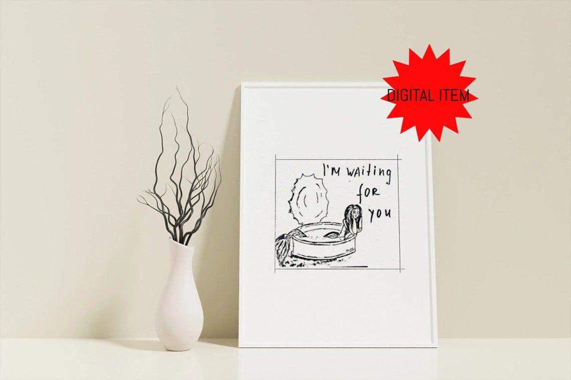 Waiting For You Mermaid Resting In A Seashell Ink Sketch Poster