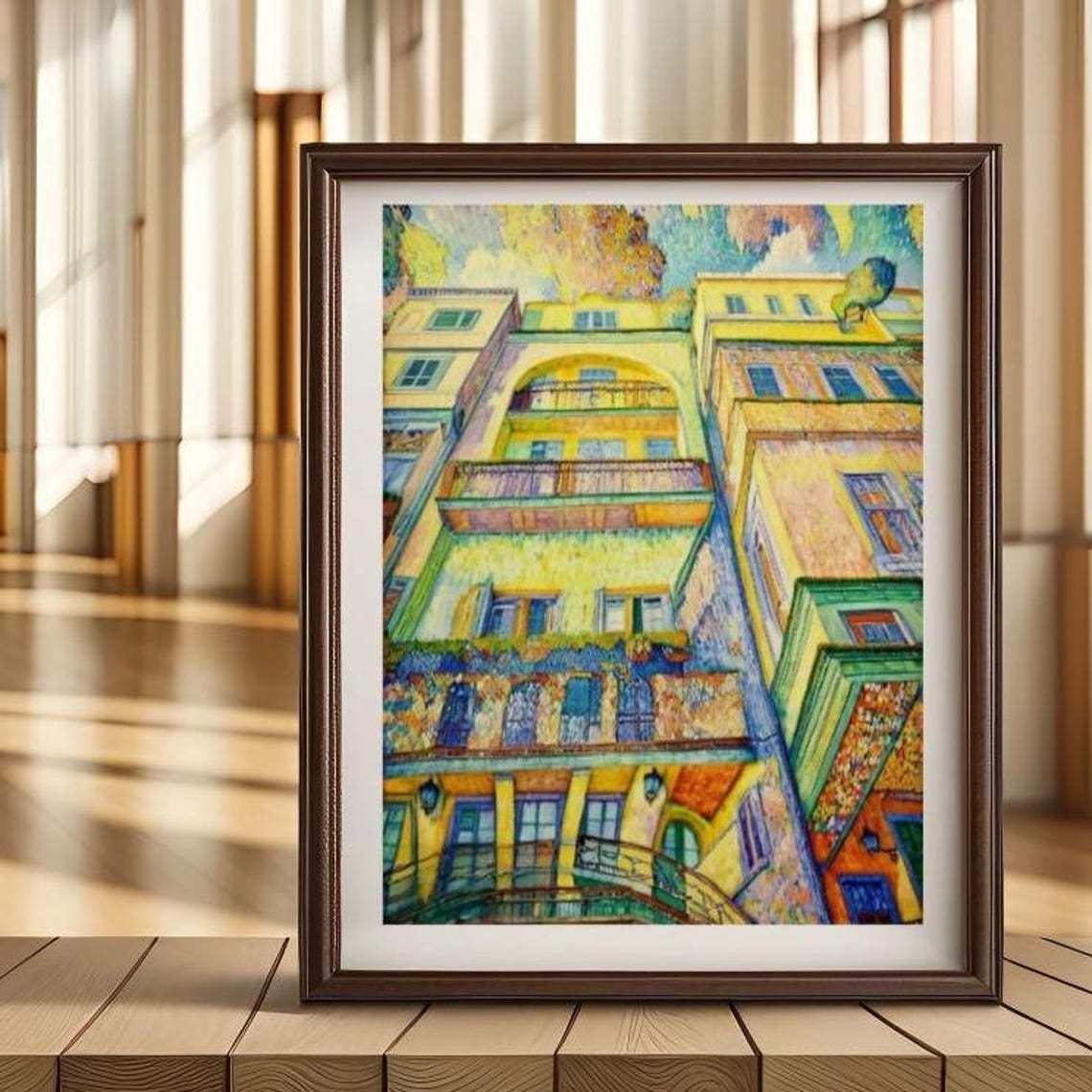 Pointillist Colorful Apartment Facades With Wrought Balconies Poster