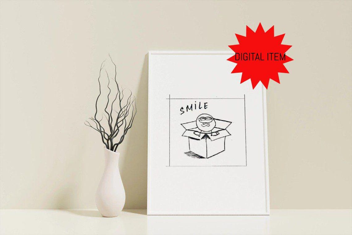 Smile Happy Face Popping Out Of A Cardboard Box Doodle Art Poster