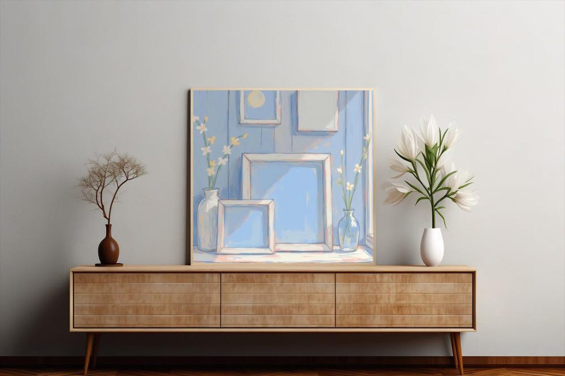 Pastel Frames with Blossom Vases and Moon Impressionist Scene Poster