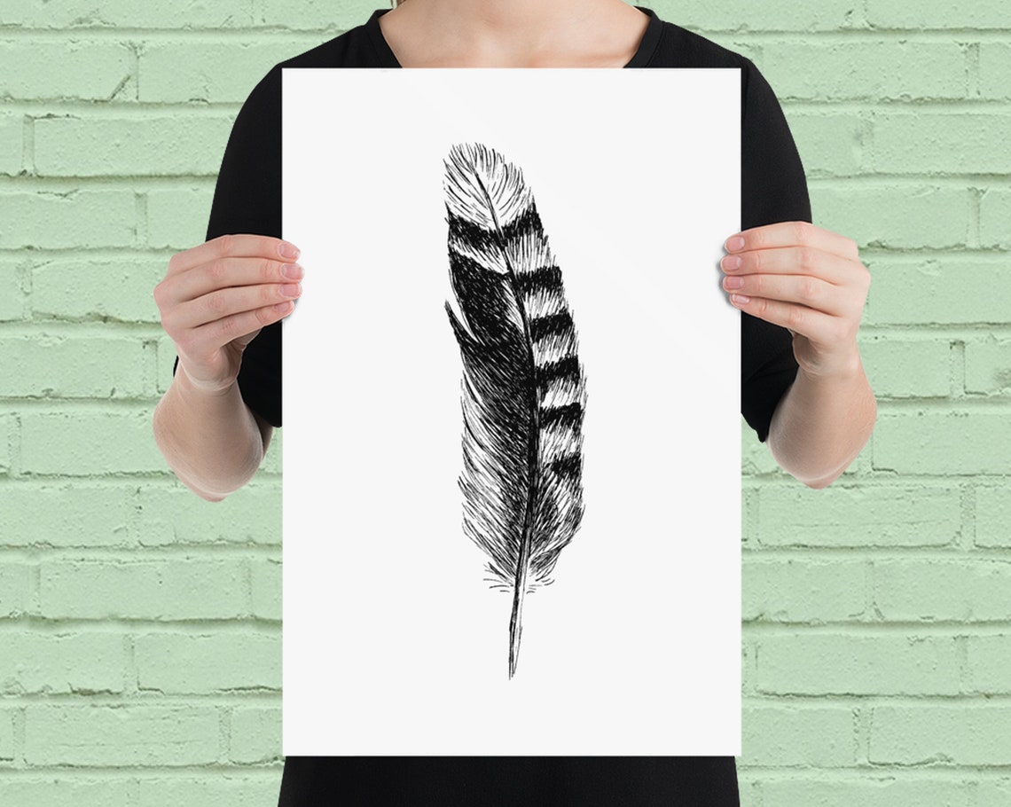 Barred Feather Ink Sketch Minimalist Black White Nature Decor Poster - Image 2