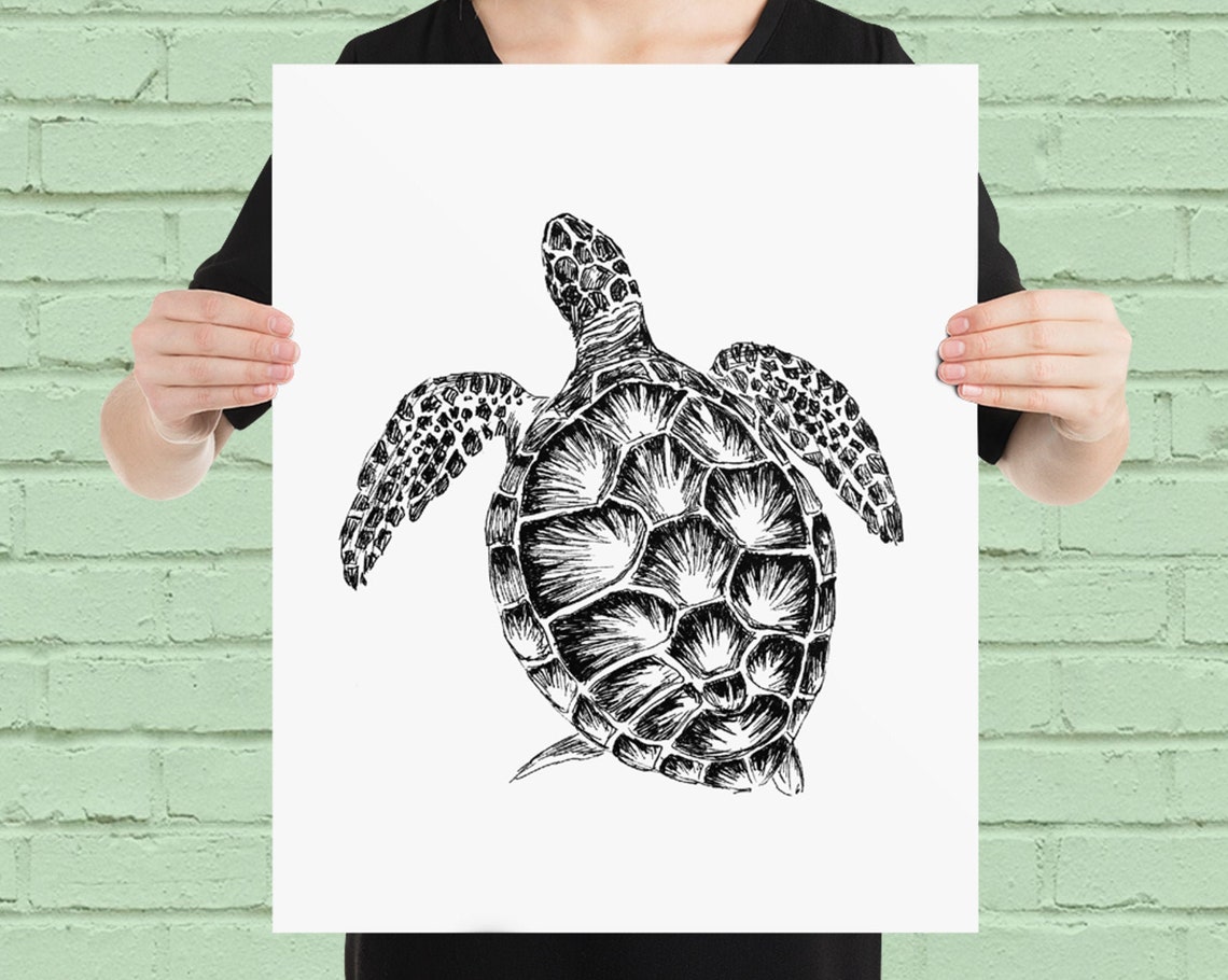 Sea Turtle Black and White Hand Drawn Ocean Wildlife Wall Art - Image 4