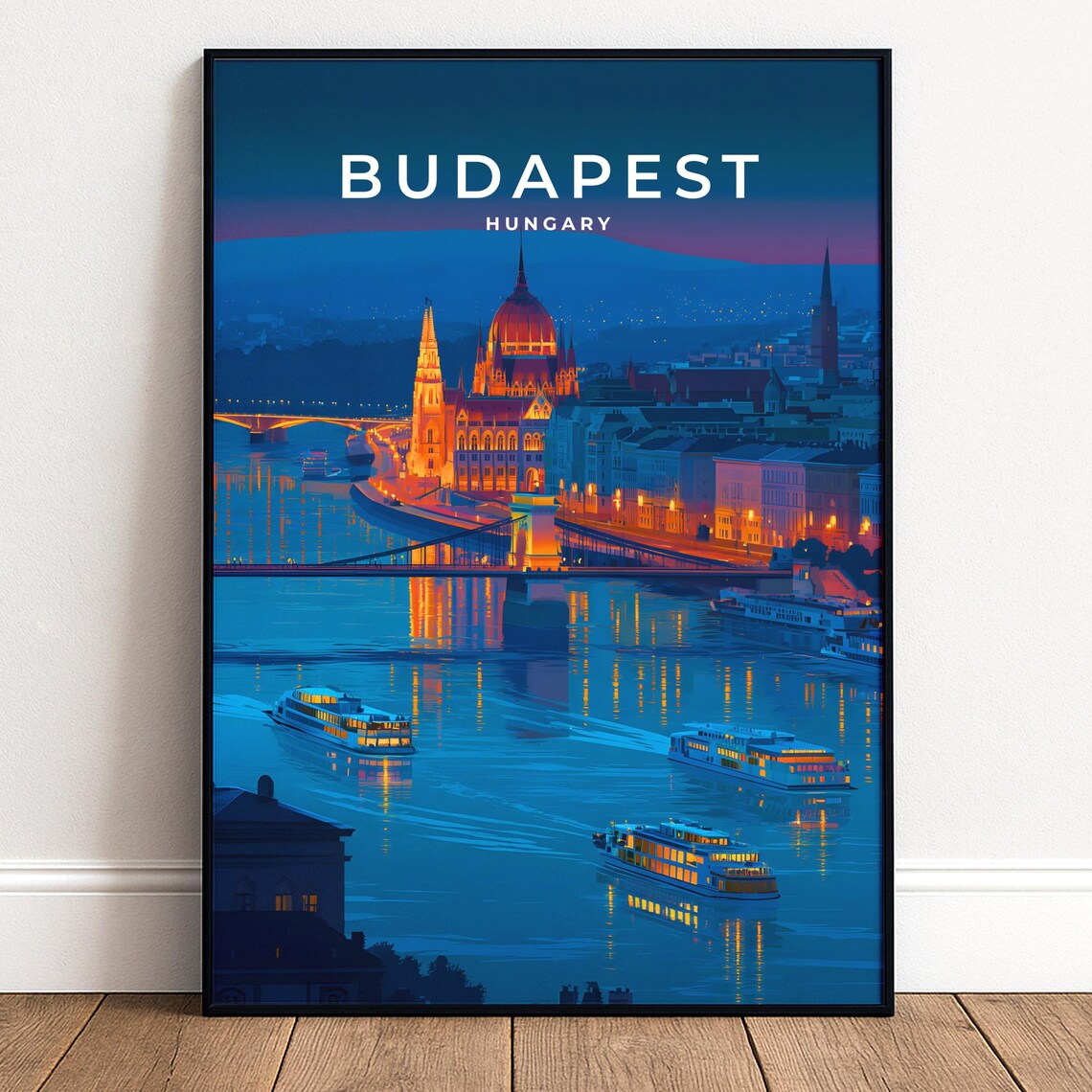 Budapest Poster, Illuminated Danube River Art