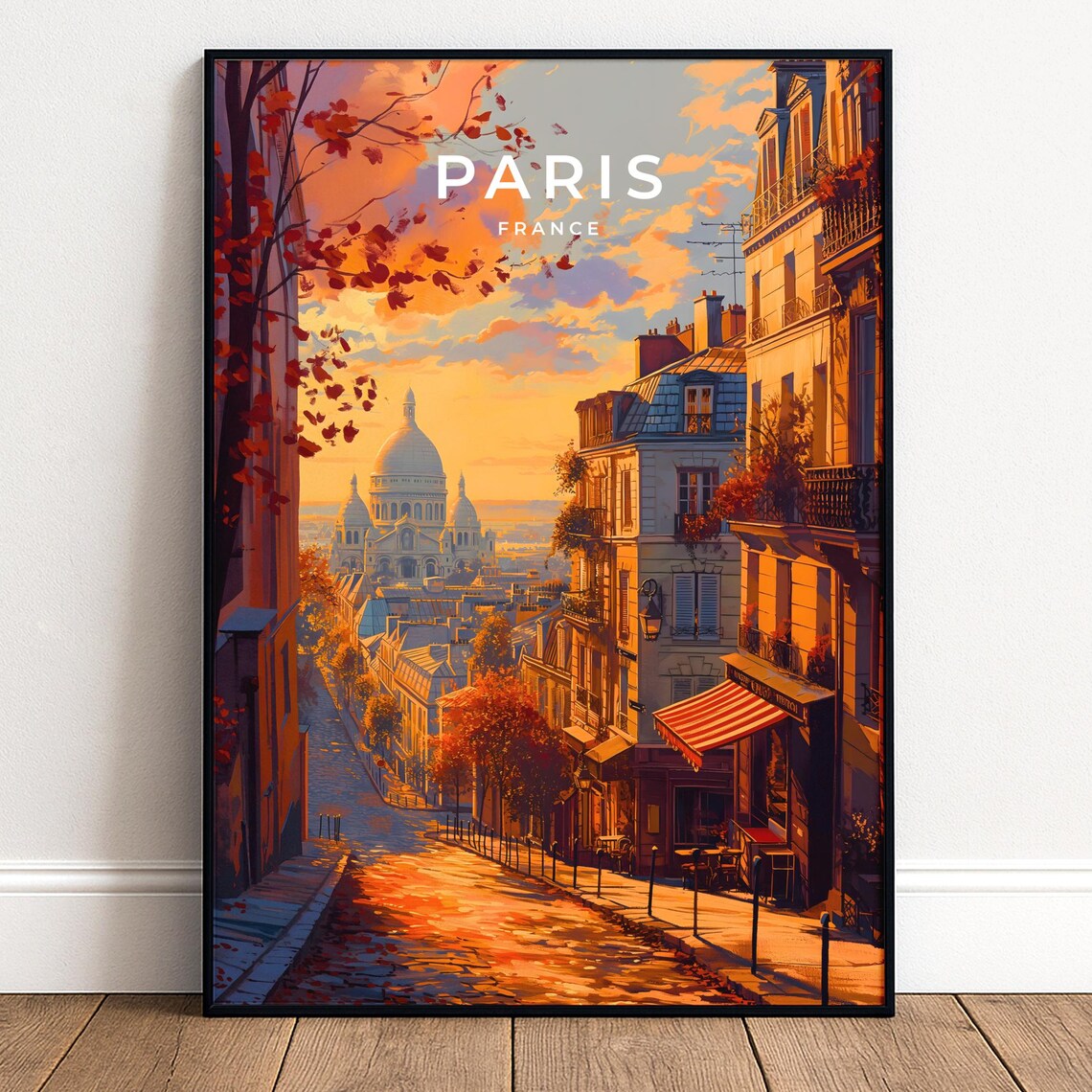 Paris France Montmartre Sacre Coeur Sunset Autumn Street Cafe Retro Travel Poster