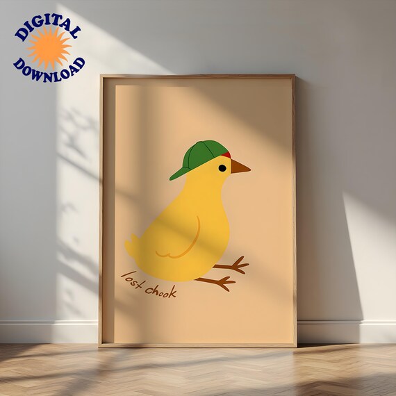 Lost Chook Funny Yellow Chicken Wearing Green Cap Cute Kids Animal Poster