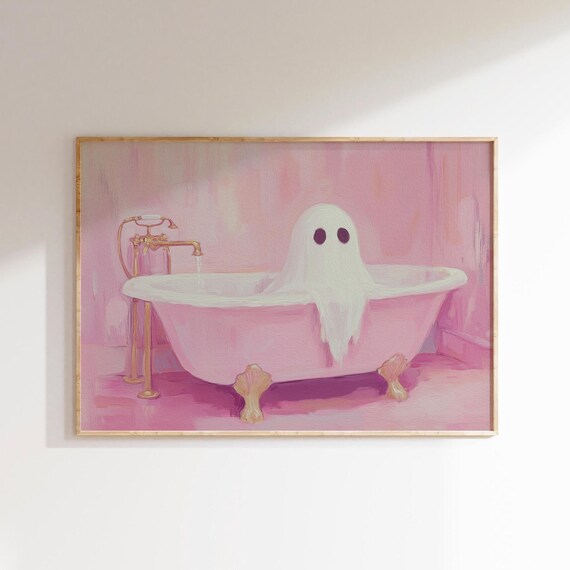 Cute Ghost Relaxing in a Pink Clawfoot Bathtub Painting Wall Art