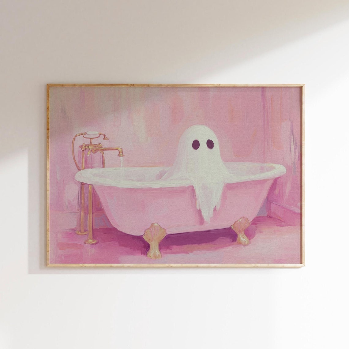 Cute Ghost In Bath Poster Cute Halloween Wall Art Cute Ghost Painting Print Pink Wall Decor
